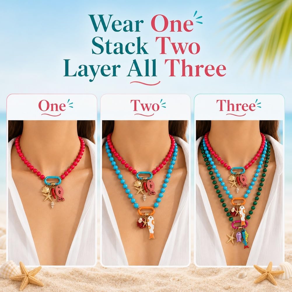 3pc Summer Layered Beaded Dopamine Necklace Set - Colorful Fish and Starfish Charms, Chunky Stack Layering Beach Style Multi-layer Resin Pendant