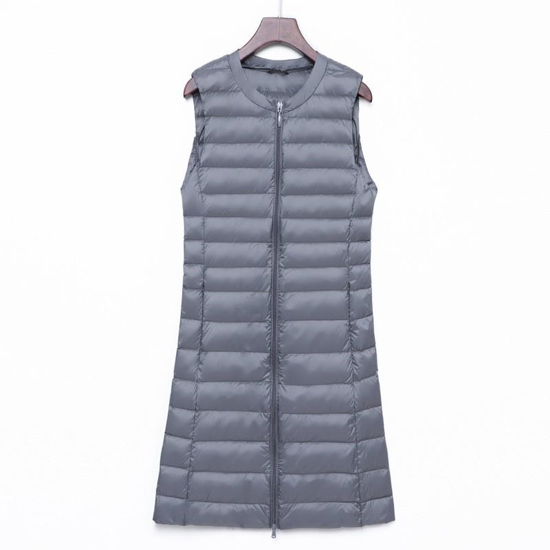 Womens Lightweight Duck Down Vest No Collar Round Neck Inner Wear Mid-Length Plus Size Urban Chic