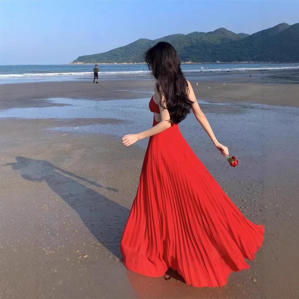 High-end Dress Skirt Pamine Design Long Dress Seaside Vacation Halter Suspender Dress Beach Dress Long Dress