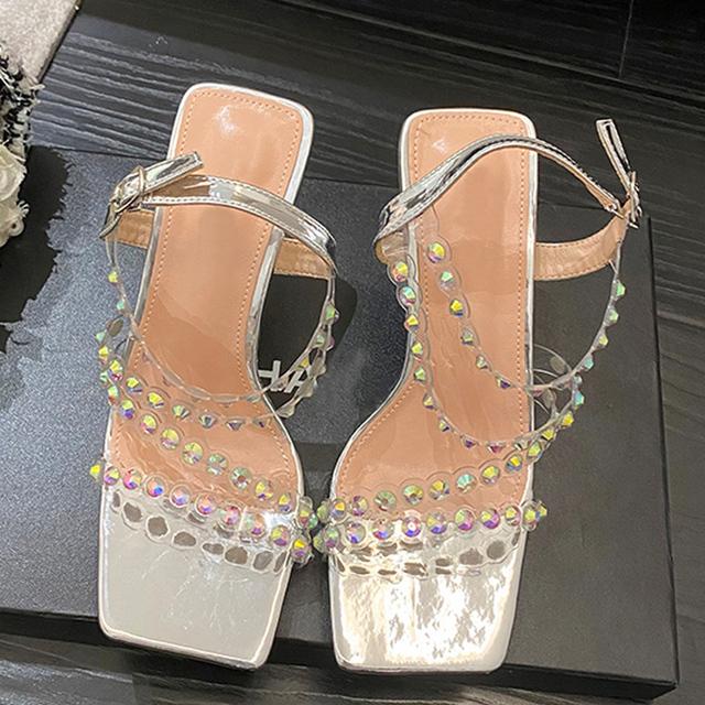 

Модные розовые сандалии с ремешком на щиколотке, необычные вечерние свадебные сандалии со стразами на высоком каблуке для женщин, прозрачные туфли из ПВХ с квадратным носком 37 серебряный