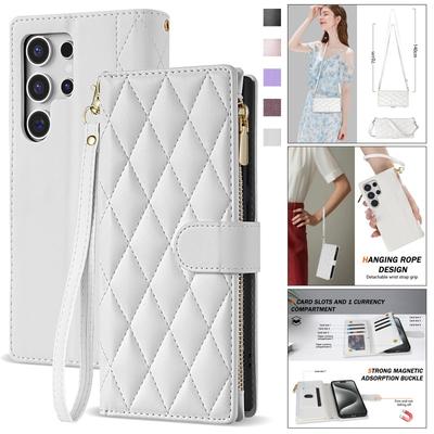 Crossbody Lanyard Leather Zip Wallet Phone Case For Samsung Galaxy S25 Edge S24 Ultra S23 FE S22 S21 S20 Plus Note 20 Flip Cover