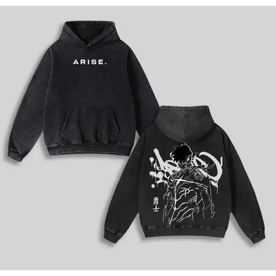 Anime Solo Leveling Sung JinWoo Print Hooded Men Hoodies Vintage Washed Sweatshirt Casual Cotton Pullover Harajuku Streetwear