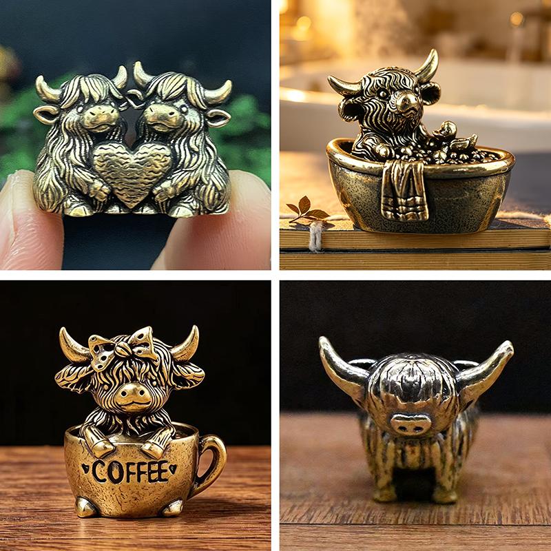 Vintage Lucky Fengshui Highland Cow Figurine Mini Solid Brass Bull Statue for Home Office Desk Decor Animal Collection Gift