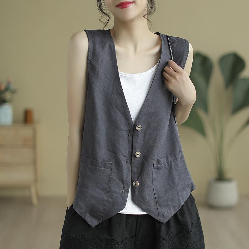 Summer Cotton and Linen Vest Women's Thin V-neck Short Vest Solid Color Sleeveless Jacket