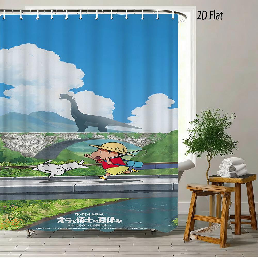 Crayon Shin-Chan The Movie Ora To Hakase No Natsuyasumi 2D Print Waterproof Shower Curtain, Blue Anime Bathroom Decor With Hooks