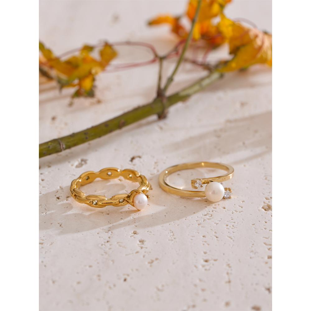 Yhpup 6789# Natural Pearl Chic Fashion Finger Ring 2025 Zirconia 18K Gold Color PVD Plated Stainless Steel Premium Jewelry Gift