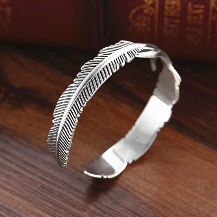 Retro Geometric Double Feather Open Bracelet Simple Personality Ring Leaf Bracelet Couple Geometric Bracelet