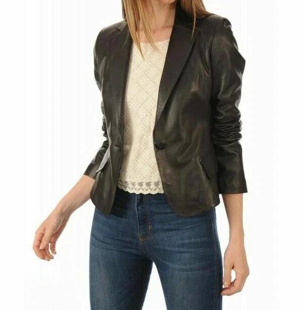 Genuine One-Button Office Formal Women's Handmade Black Blazer Leather Lambskin
