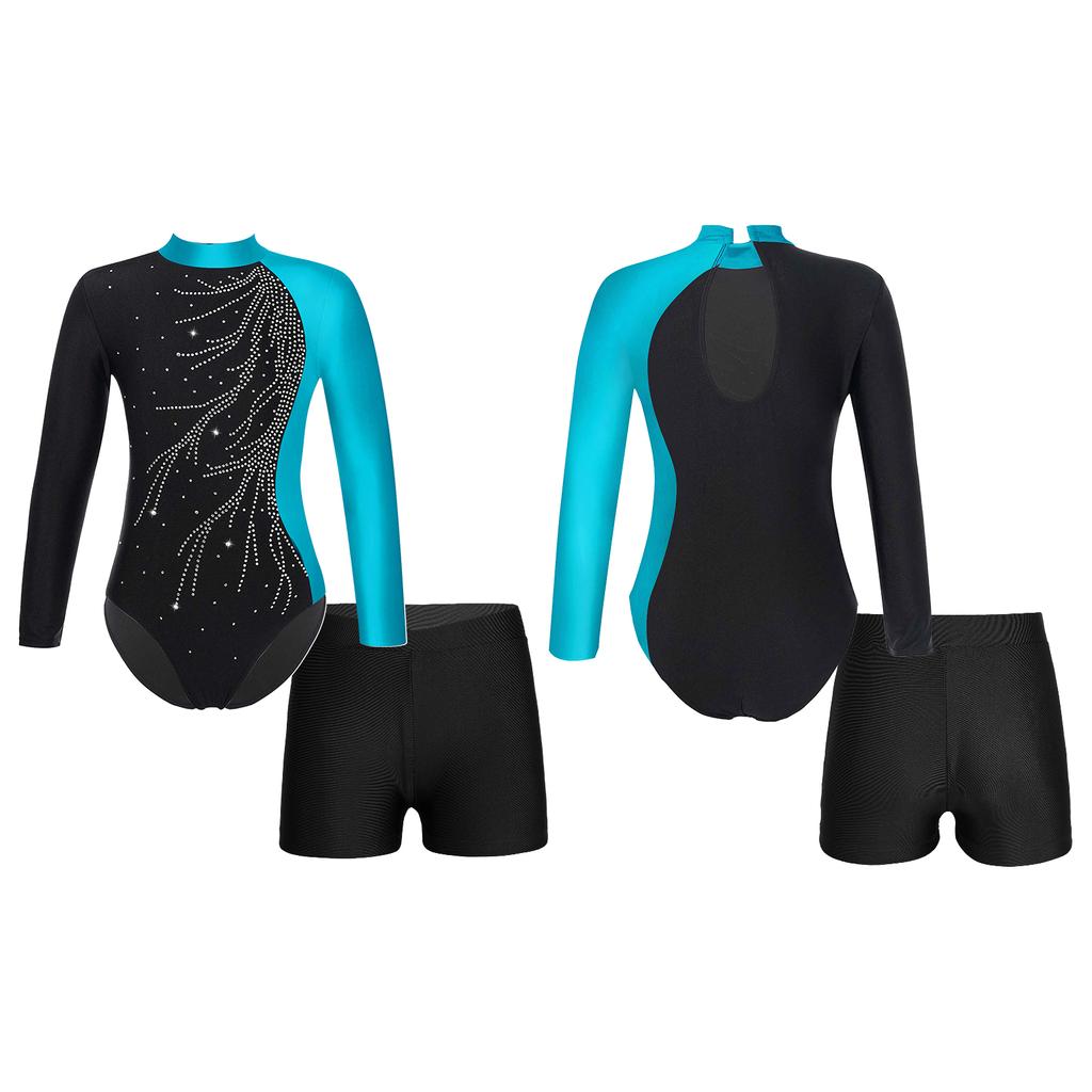 Girls Mock Neck Long Sleeve Sparkle Rhinestone Keyhole Back Leotard V Front Waistband Shorts Dance Skating Outfit