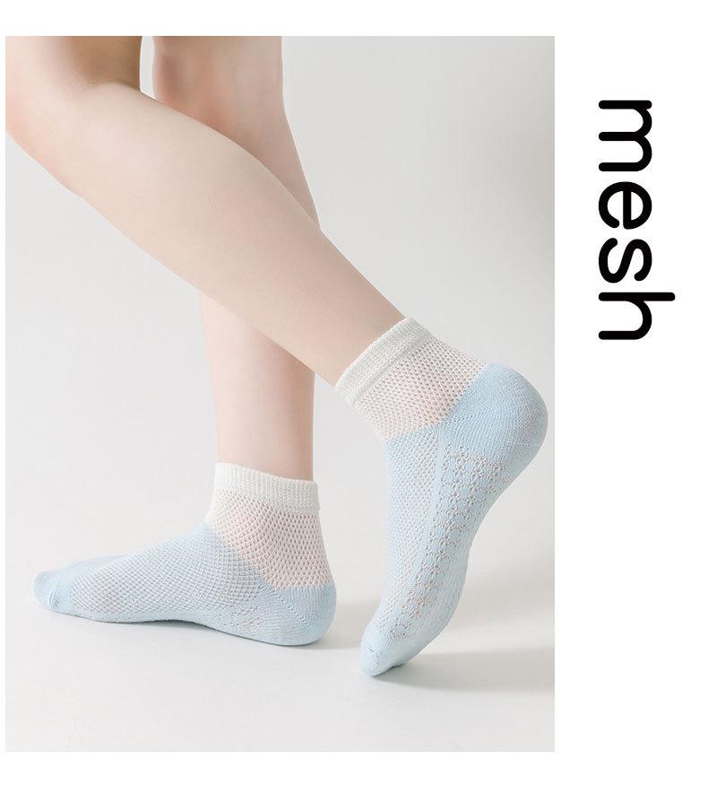 Set of 5 Pairs Girls' Thin Mesh Ankle Socks – Summer Anti-Pilling Cotton, Short Length for Older Kids