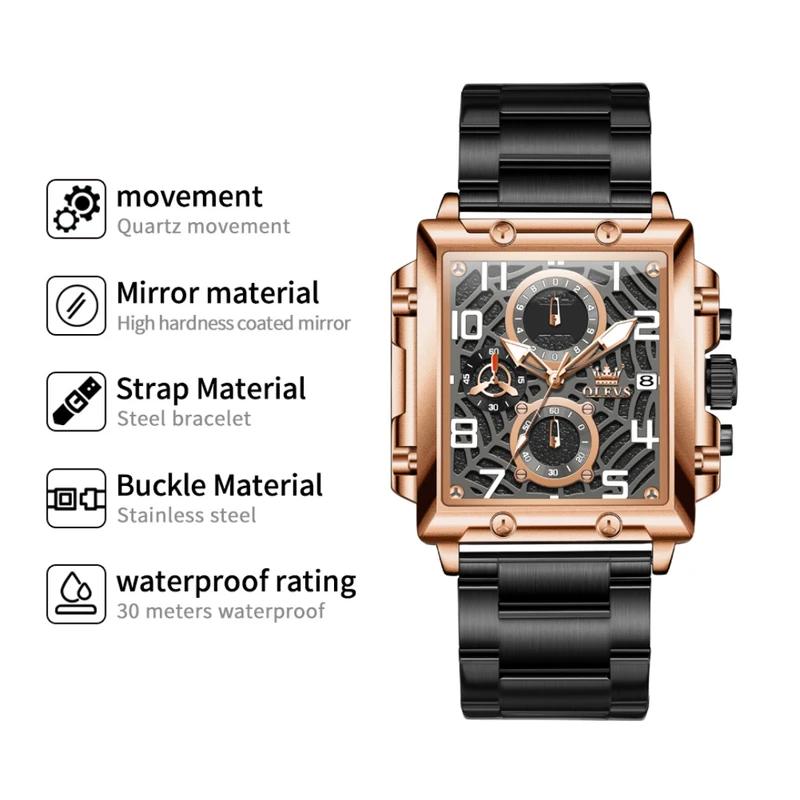 OLEVS Mens Watch Original Square Quartz Watch Waterproof Luminous Stainless Steel Sport Clock Reloj Watch For Men