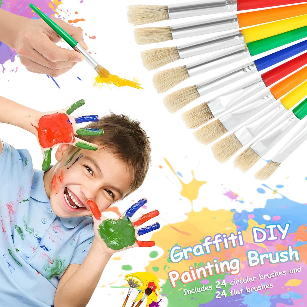 48 Pcs Toddler Paint Brushes Colorful Oil Painting Brushes Round and Flat Kids Paint Brush Set with Plastic Handle for Painting