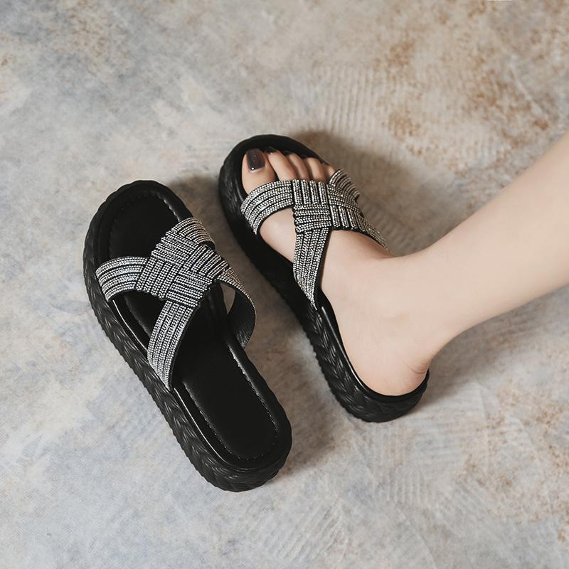 

Тапочки со стразами, женская летняя обувь, женские летние толстые тапочки на танкетке, повседневные нескользящие сандалии-шлепанцы, женские 42