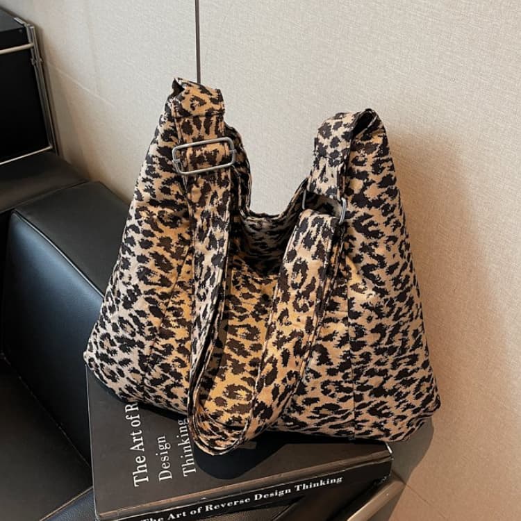 Vintage leopard print soft collapse fabric tote big bag темно-коричневого