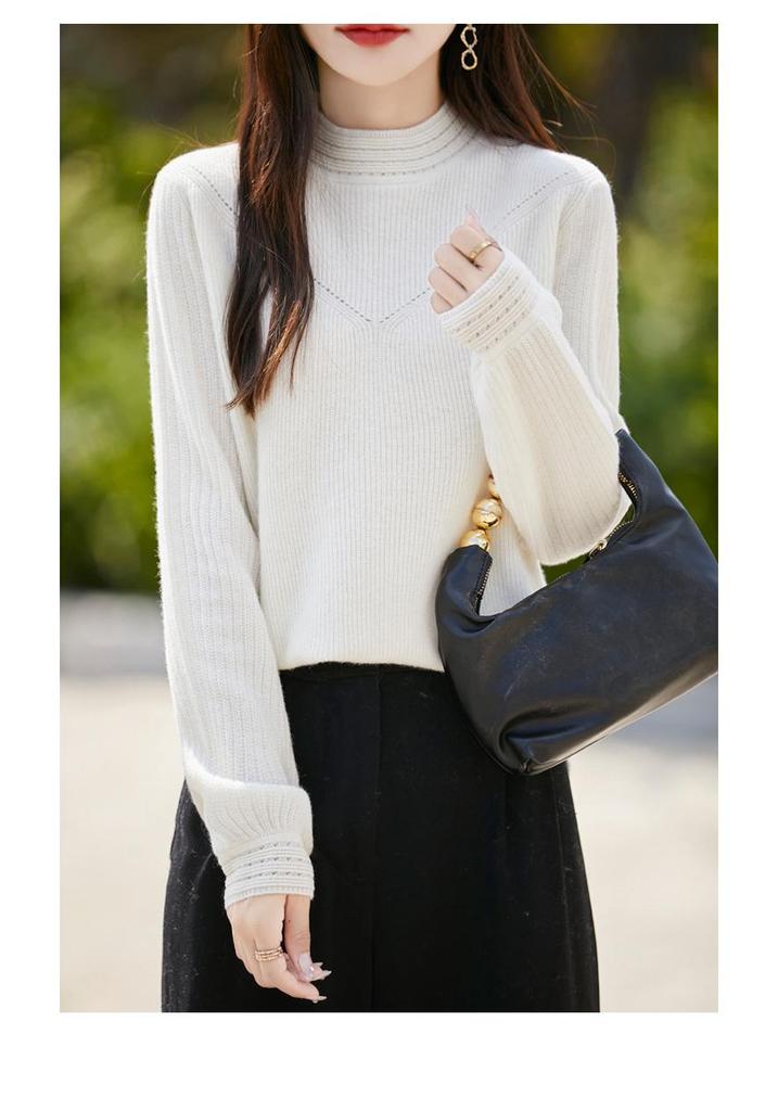 Women's 100% Pure Wool Hollow Out Half High Collar Loose Sweater