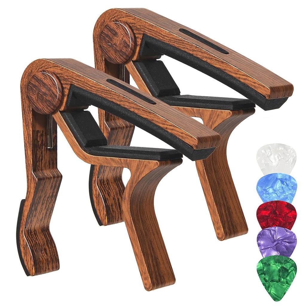 2 Acoustic/electric Guitar Capo Aluminum Alloy Wood Grain Capo + 5 Picks with Pick Slot