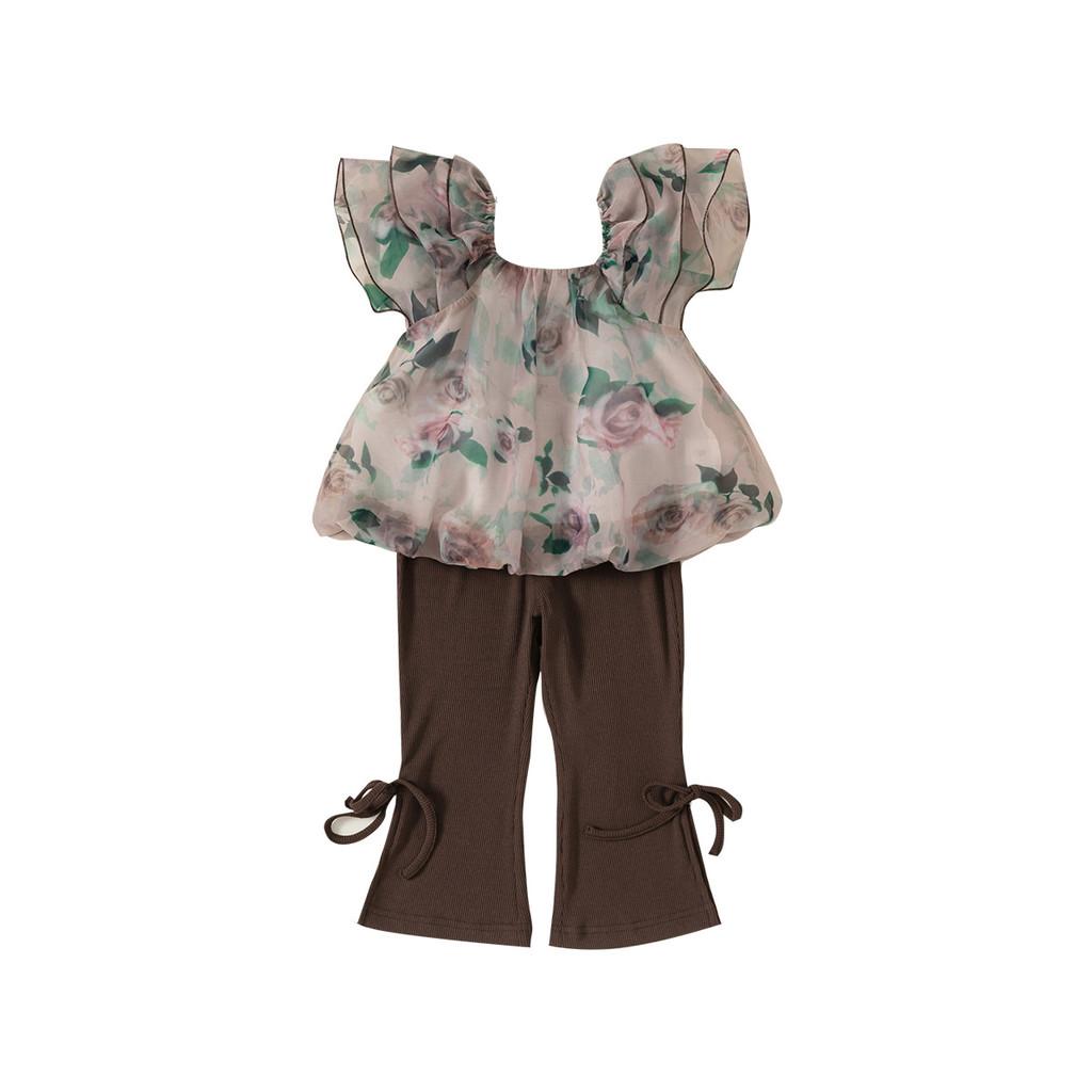 Princess Girl Summer Outfit Set With Rose Flower Pattern For Toddler Girls