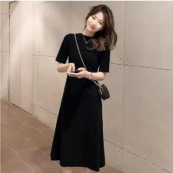 Black short-sleeved dress women's medium and long summer new student loose long over-the-knee thin a-word skirt