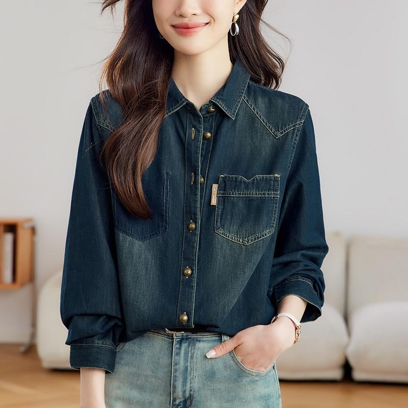 Dark Blue Denim Shirt Women's Spring and Autumn Retro Old Shoulder Top Shirt