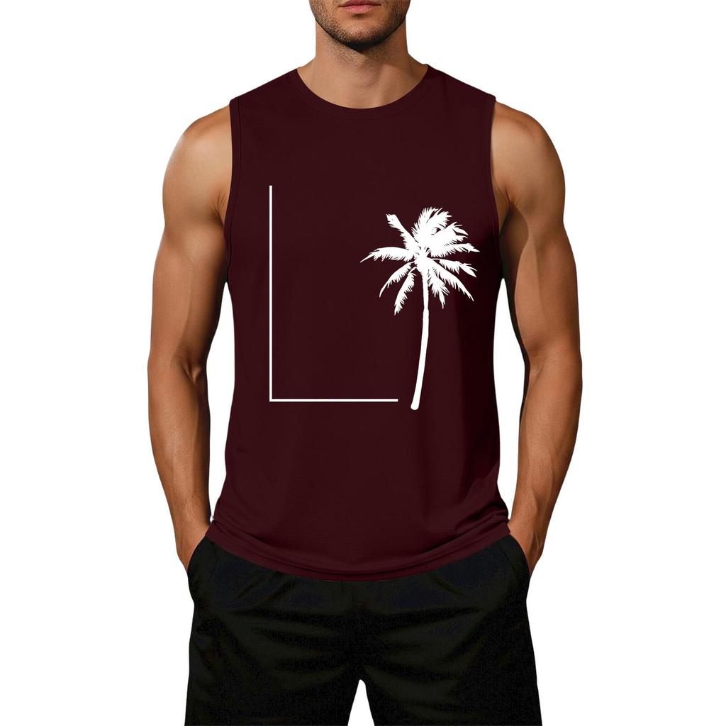 Men's Loose Fit Casual Sleeveless Tank Top Palm Tree Graphic Print Summer Muscle Shirt Lightweight Breathable