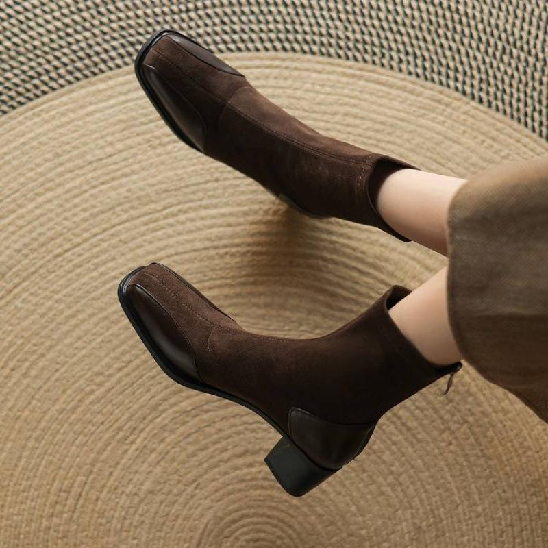 Korean Version of the New Suede Elastic Women's Boots Square Head Large Size Martin Boots Solid Color High Heel Leather Boots Autumn and Winter Mid