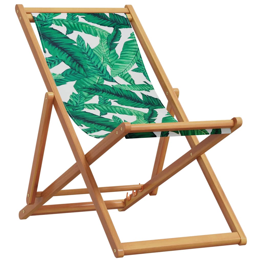 Folding Beach Chair with Leaf Pattern Solid Eucalyptus Wood Frame and Fabric