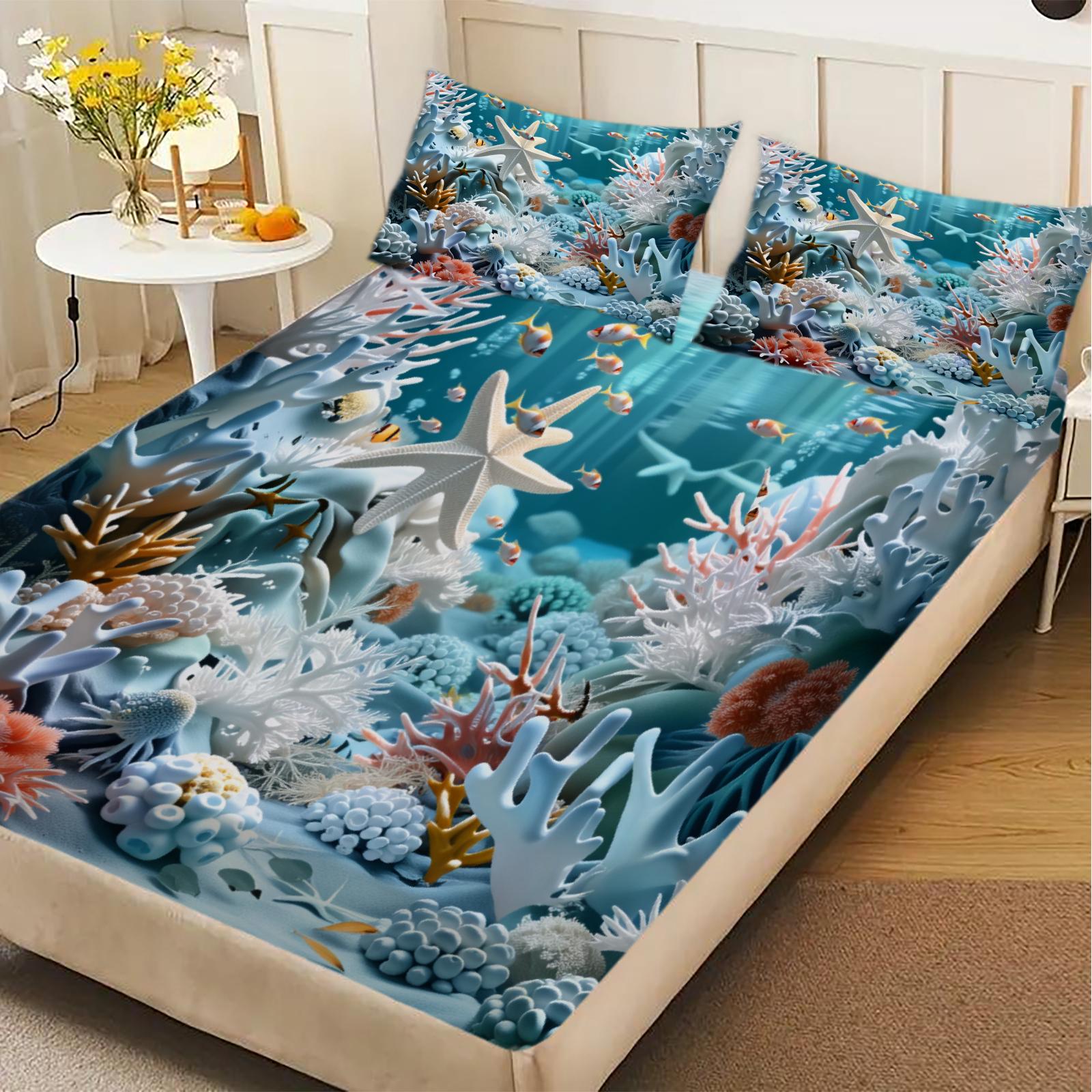 

Ocean Coral Reef Fitted Sheet Set Blue Sea Life Print Bedding With Pillowcases For Bedroom 99x190x25cm