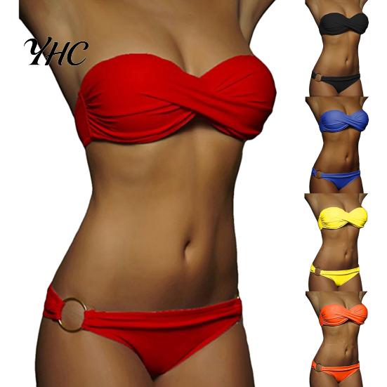 Traje de Baño 2 Piezas/Set Bikini de Verano Color Sólido Push Sin Tirantes Simple Traje de Baño para Mujer para la Playa