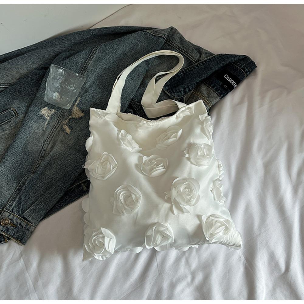 

White Flower Shoulder Bag Lightweight Canvas Bag Casual Flower Tote Bag Summer