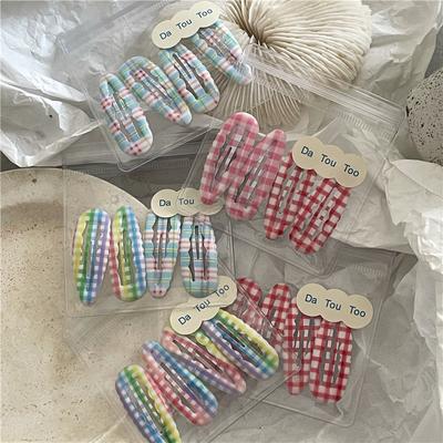 4 Stück/Set Mode Farbkontrast Karomuster Wassertropfen BB Clip Niedlich Studentin Weiblich Gebrochenes Haar Pony Haarspange Kopfschmuck