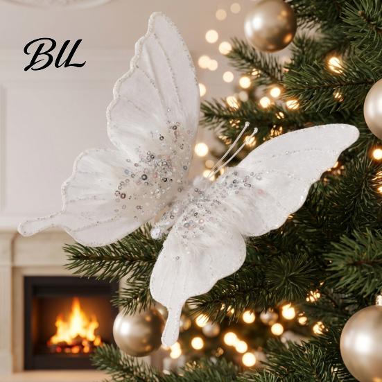 Elegant Christmas Garland Decorations Velvet Butterfly Ornaments, Artificial Glitter Sequins Xmas Tree Three Dimensional Ornaments Decoration