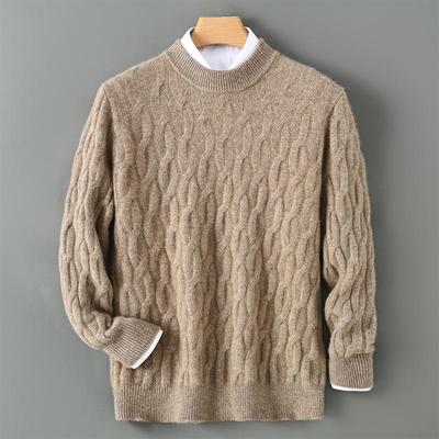 Men's 100% Australian Wool Sweater, Half-High Collar, Thick Jacquard Solid Color, Business Casual Knit Base Layer