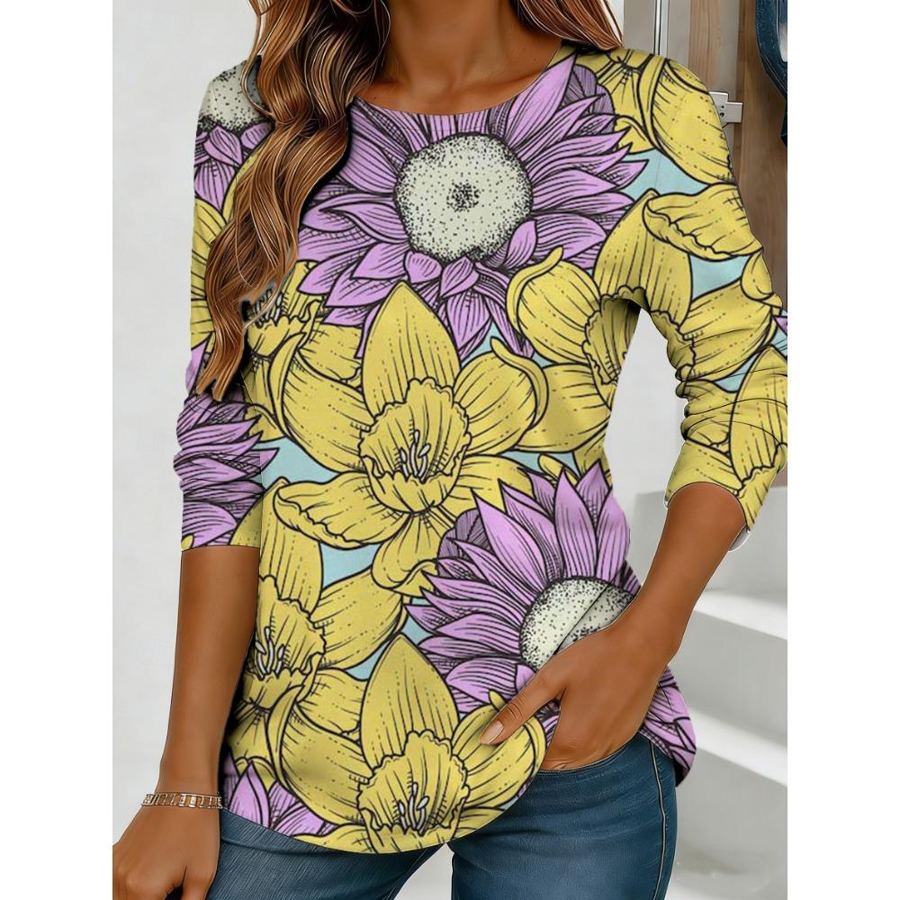 Women's Blue Flower Watercolor Printed Long Sleeve