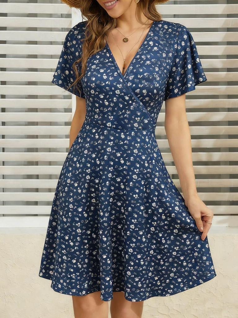 Women's Floral V-Neck A-Line Wrap Dress - Short Sleeve, Summer Style