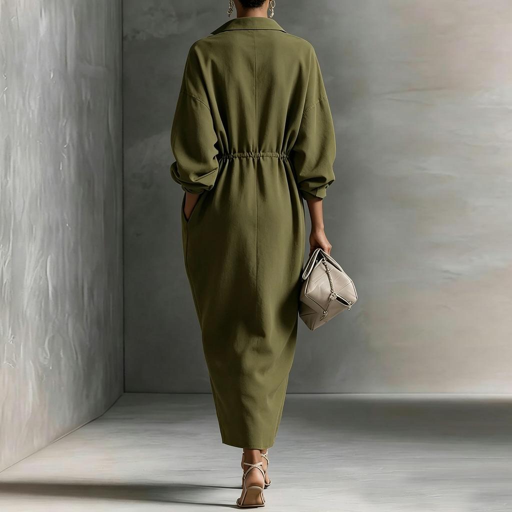 Women's Loose Fit Long Sleeve Shirt Collar Dress with Waist Drawstring and Side Pockets Casual Button Down Midi Dress for Spring Summer