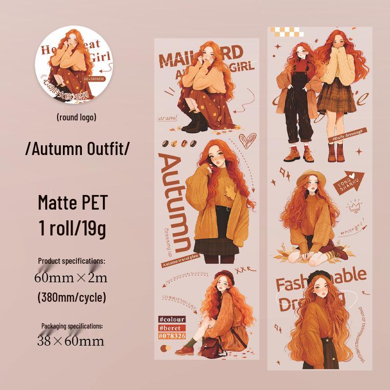 Heartfelt Girl Matte PET Character Collage Tape: Retro Music Reading Girl Diary Stickers Standard Size
