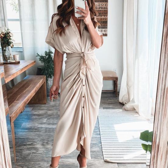 Office Lady Maxi Dress Turn Down Collar Ruched Solid Color Short Sleeve