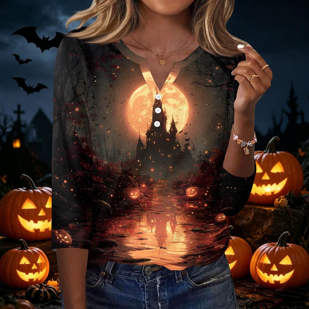 Women's Casual Halloween Print V-Neck Button Three-Quarter Sleeve T-Shirt