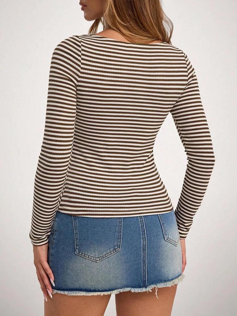 Women's Slim Fit Casual Striped Long-Sleeve Autumn Base Layer Top