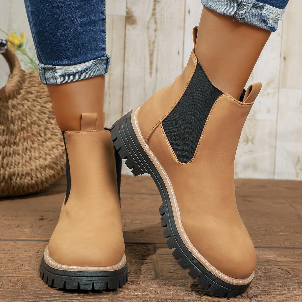 Dame Ankelstøvletter Høst Slip-on Platformsko Dame Tykksålede Komfortable Sko Britisk Stil Lær Chelsea Boots Dame