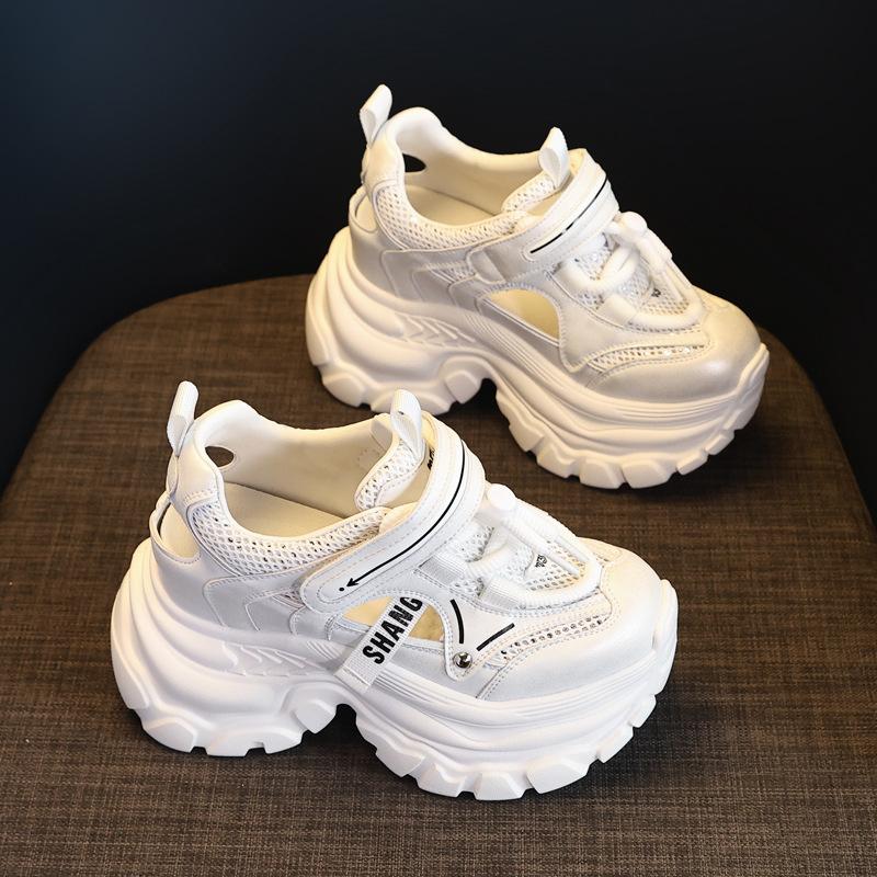 Fashion 9CM Air Mesh Microfiber Leather Ankle Boots Fashion Summer Chunky Sneaker Hollow Shoes High Brand Comfy Booties Women