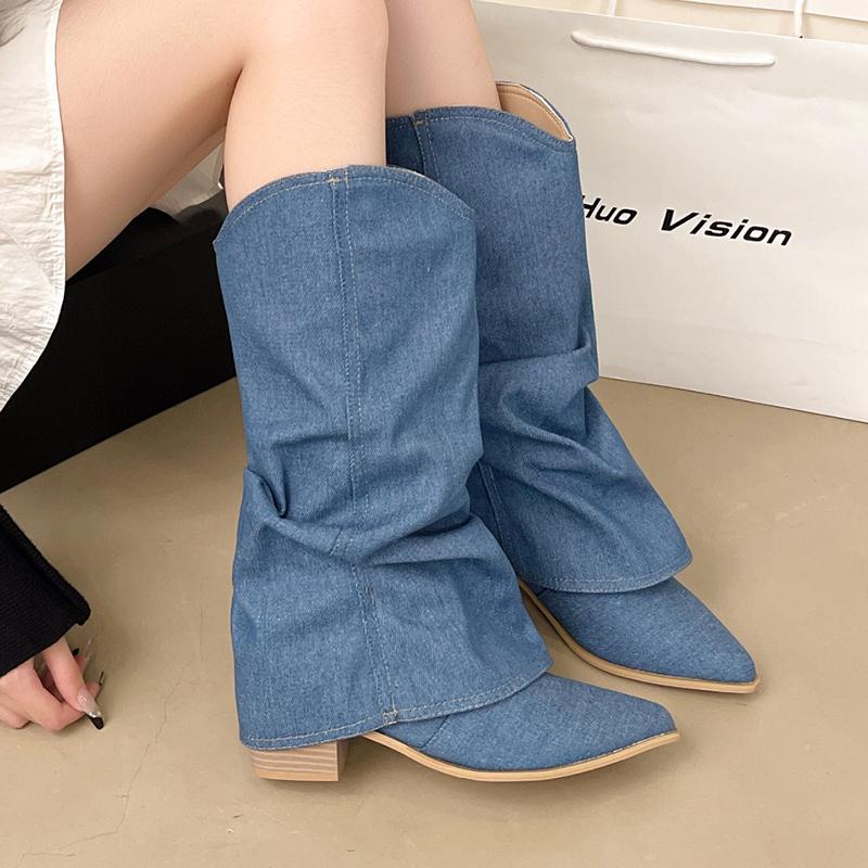 Fashion Fashion Pointed Toe Cowboy Boots Women Spring Autumn Thick High Heels Mid Calf Boots Woman Slip On Denim Western Botas Female