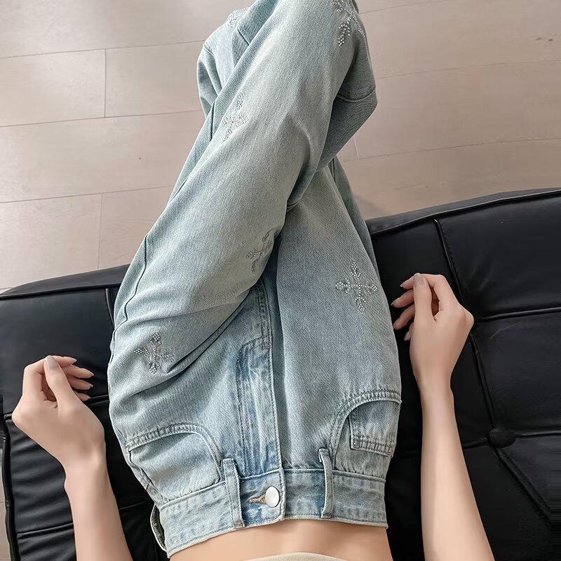 Women's Retro High-Waist Slim-Fit Jeans with Snowflake Embroidery & Rhinestones