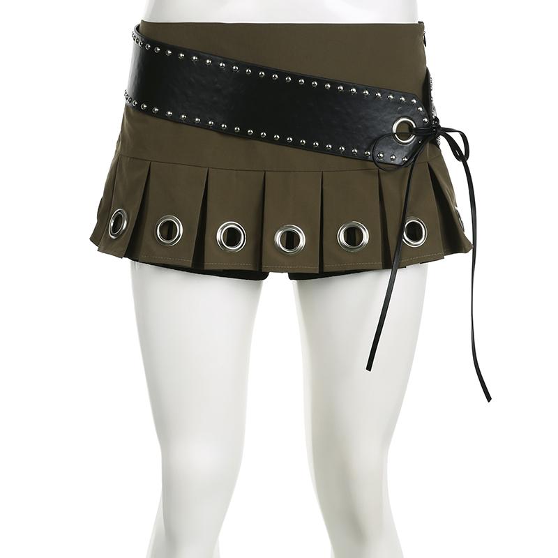 Women's Clothes Retro Punk Low Waist Y2k Mini Pleated Skirt With PU Belt Summer Sexy Super Short Skirt Vintage Streetwear Skinny