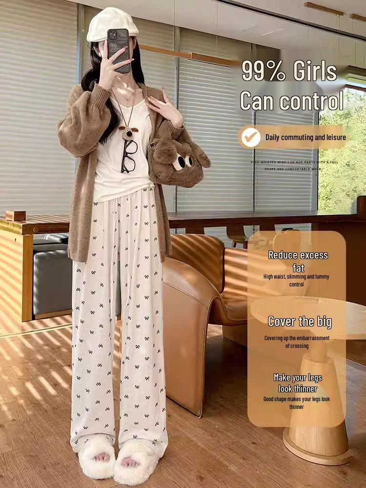 2025 Women's High Waist Soft Wide-Leg Pants with Bow, Slimming Fit, for Spring & Autumn