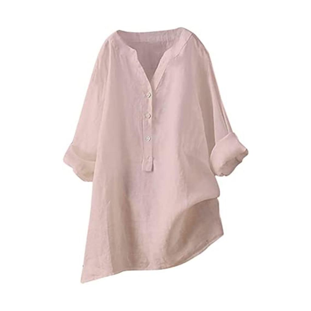 Women's Solid Color Long Sleeve Shirt with Stand Up Collar Casual Loose Blouse Button Down Tops
