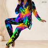 Women Plus Size Two Piece Set Half Zip Long Sleeve Rainbow Splash Printed Longline Top And Fitted Pants