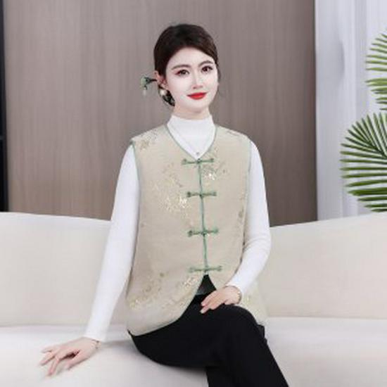 

Spring 2026 Chinese-Style Vest for Middle-Aged & Elderly Women: National-Style Waistcoat Jacket 3XL бежевый