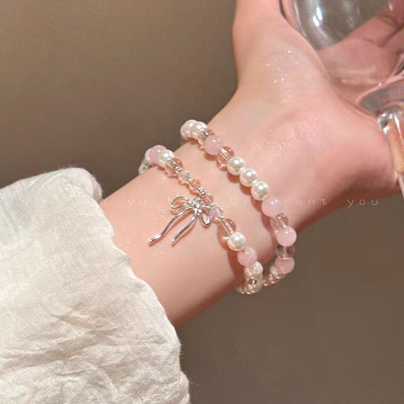 Korean Pink Beaded Bow Double-Layer Elastic Bracelet for Women - 2025 New Arrival