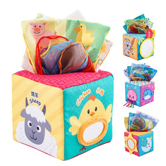 Baby Sensory Tissue Box Toy Crinkle Sound Soft Pull & Play Cube